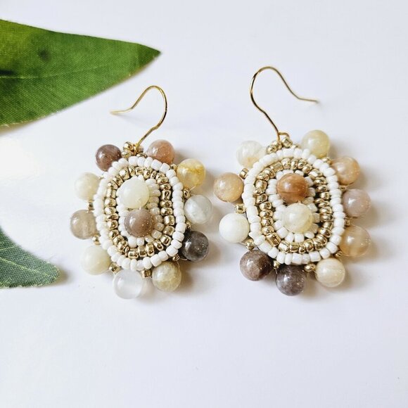 2/$27 | Peach Marble Shield Beaded Indigenous Hoop Earrings | Handmade - Picture 3 of 6